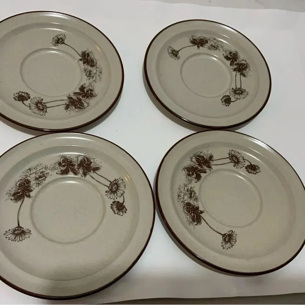 Noritake Stoneware Desert Flowers Saucer Plates Brown 8341 Desert Daisy Lot of 4